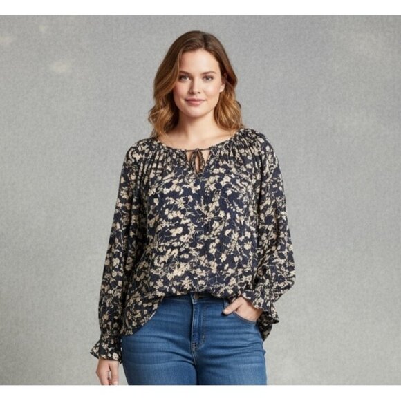 NEW Chaps Plus Size Floral Peasant Blouse 2X Navy Cream Long Sleeve Top Boho - Picture 1 of 10